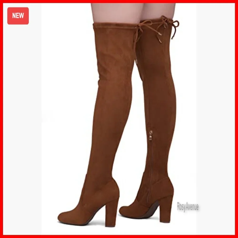 Women's Over the Knee Thigh High Boots Chunky Block Heels Stretch Vegan Suede